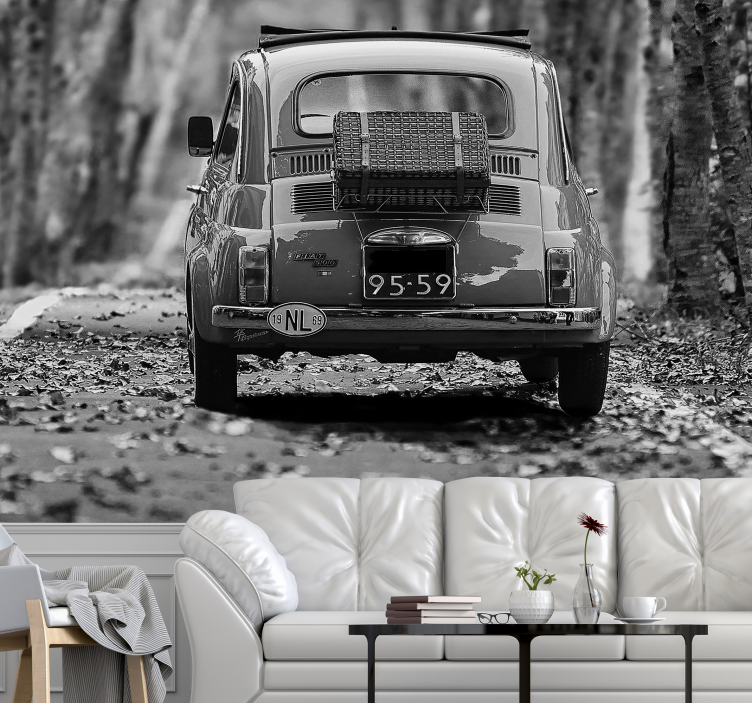 Tapisserie ancienne Fiat 500 en noir et blanc - TenStickers