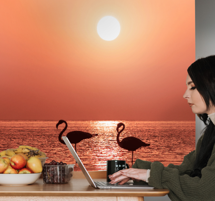 Tapisserie animaux scène de coucher de soleil flamant - TenStickers