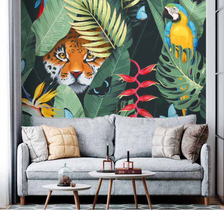 Tapisserie animaux tigre et perroquet - TenStickers