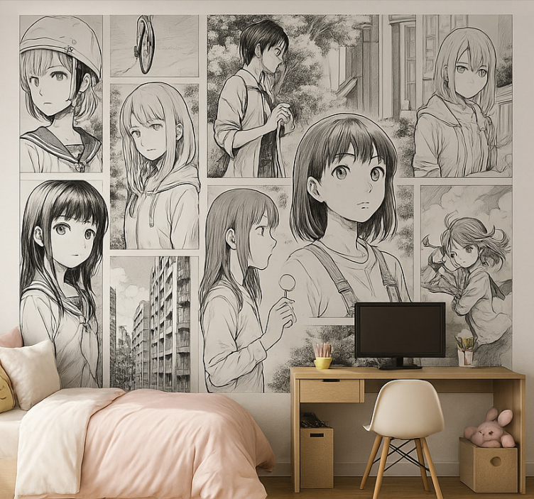 Tapisserie chambre ado mangas en noir et blanc - TenStickers