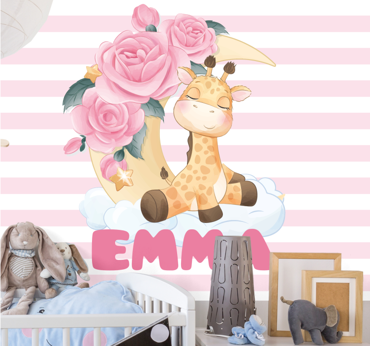 Tapisserie chambre enfant girafe avec roses - TenStickers