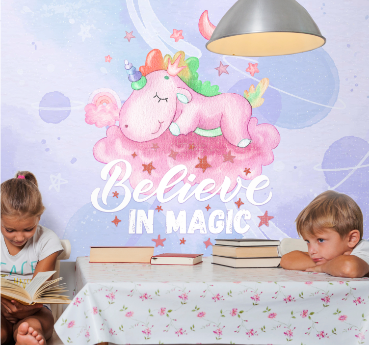 Tapisserie chambre enfant nuage de rêve licorne - TenStickers