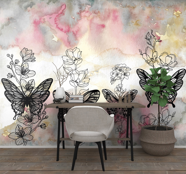 Tapisserie fleur ailes flottantes et fleurs - TenStickers