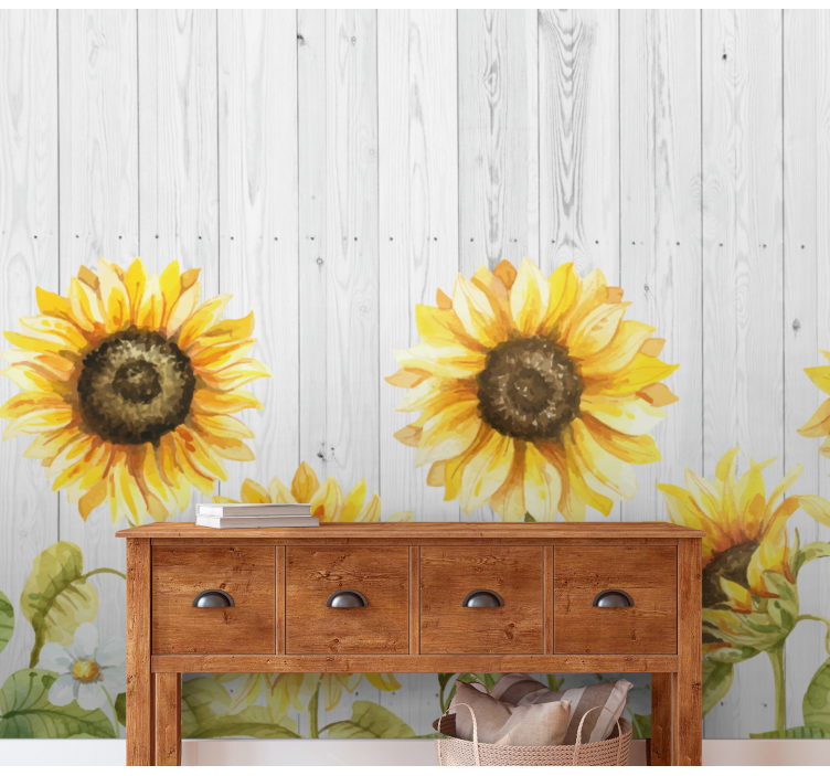 Tapisserie fleur tournesols sur texture bois - TenStickers