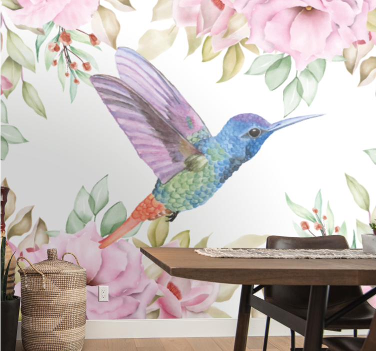 Tapisserie fleur colibri parmi les fleurs - TenStickers