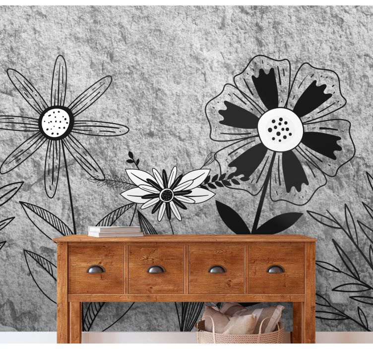 Tapisserie fleur fleurs noires et blanches - TenStickers