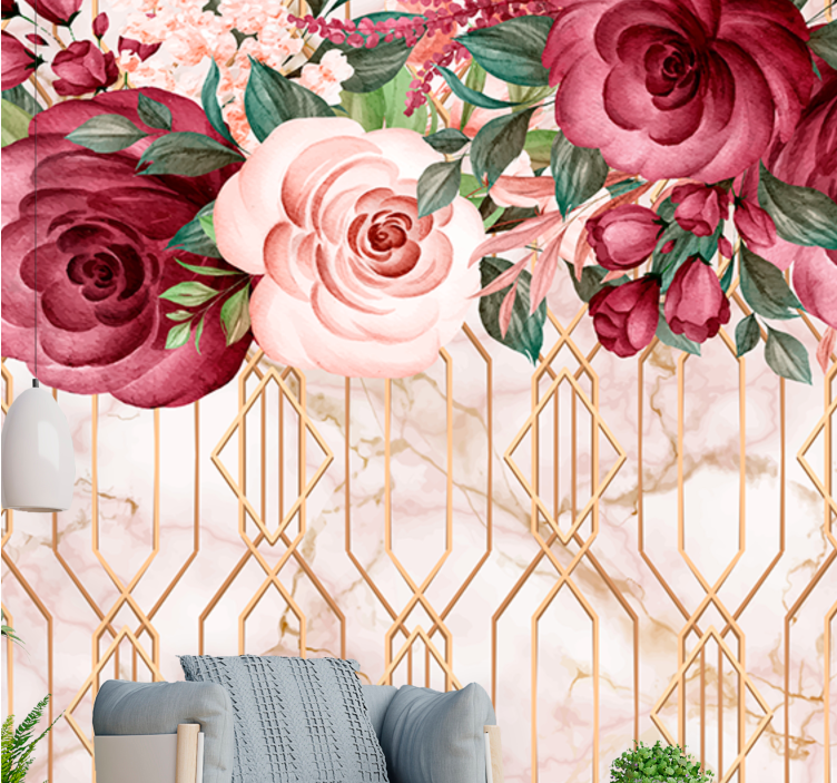 Tapisserie fleur fusion géométrique des roses - TenStickers