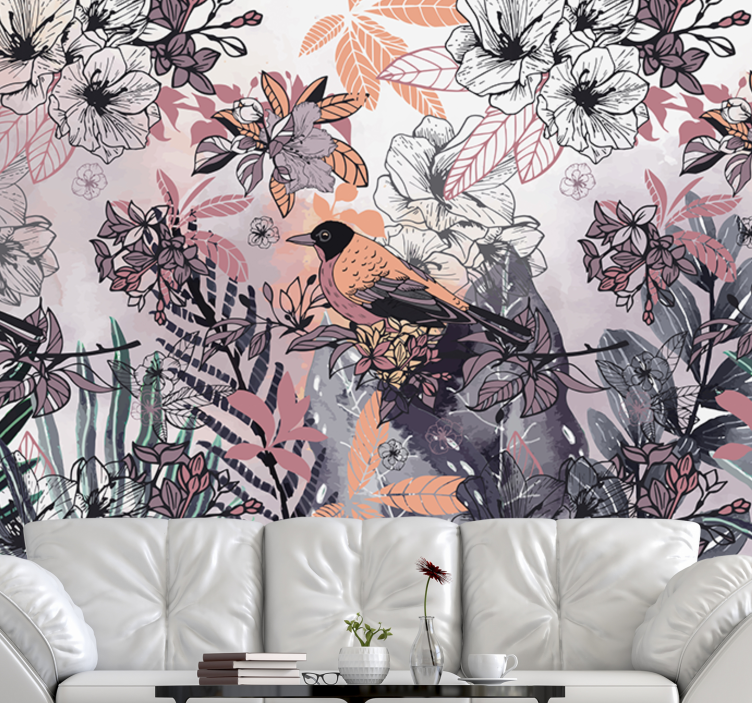 Tapisserie fleur oiseau parmi les fleurs - TenStickers