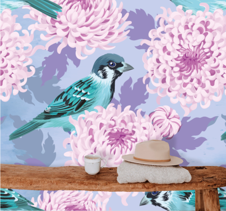 Tapisserie fleur oiseaux bleus en fleurs - TenStickers