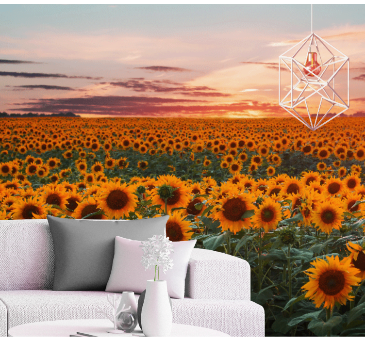 Tapisserie fleur prairie de tournesols au crépuscule - TenStickers