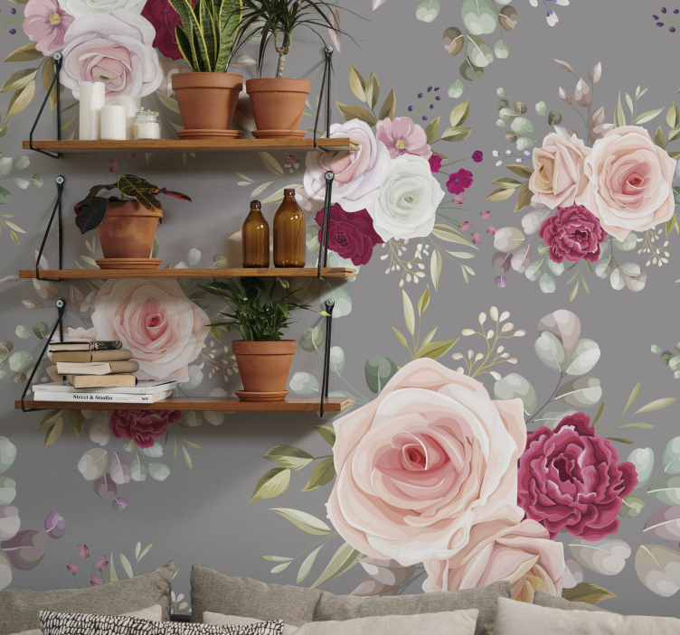 Tapisserie fleur roses et verdure - TenStickers