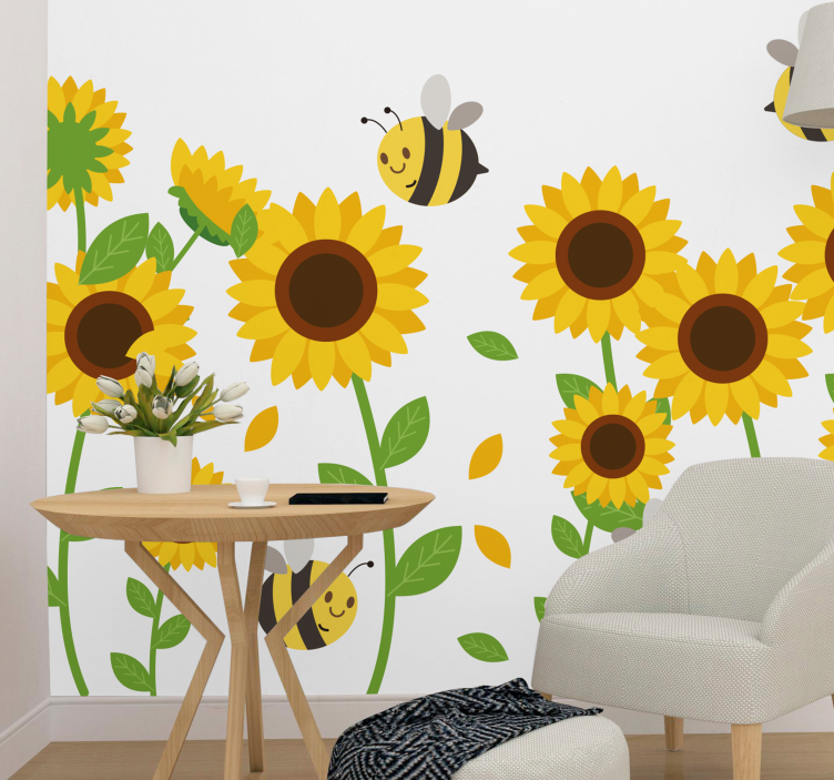 Tapisserie fleur tournesols joyeux et abeilles bourdonnantes - TenStickers