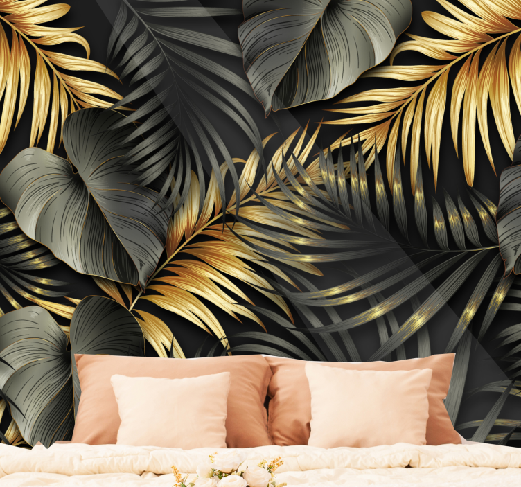 Tapisserie murale chambre jungle feuilles dorées - TenStickers