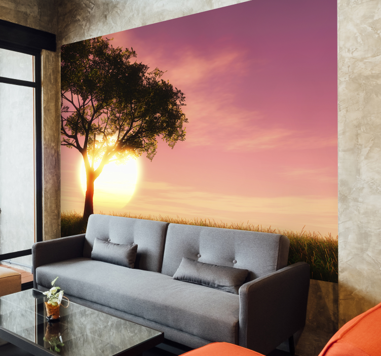 Tapisserie paysage savane, coucher soleil, silhouette - TenStickers
