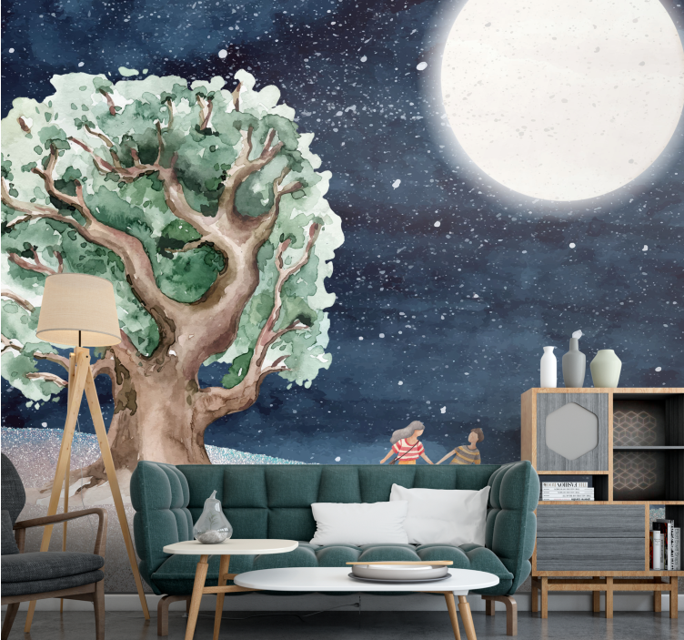 Tapisserie nature aventure sous l'arbre au clair de lune - TenStickers