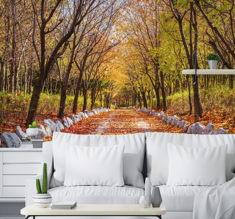 Tapisserie nature chemin d'automne avec feuilles - TenStickers