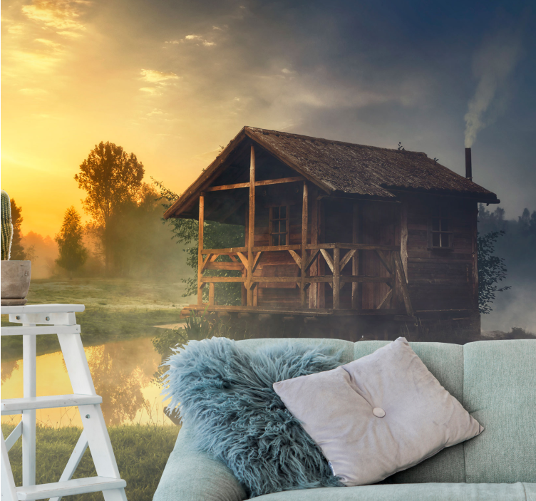 Tapisserie paysage cabane paisible au coucher de soleil - TenStickers