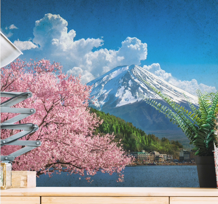 Tapisserie paysage montagnes et cerisiers en fleurs - TenStickers
