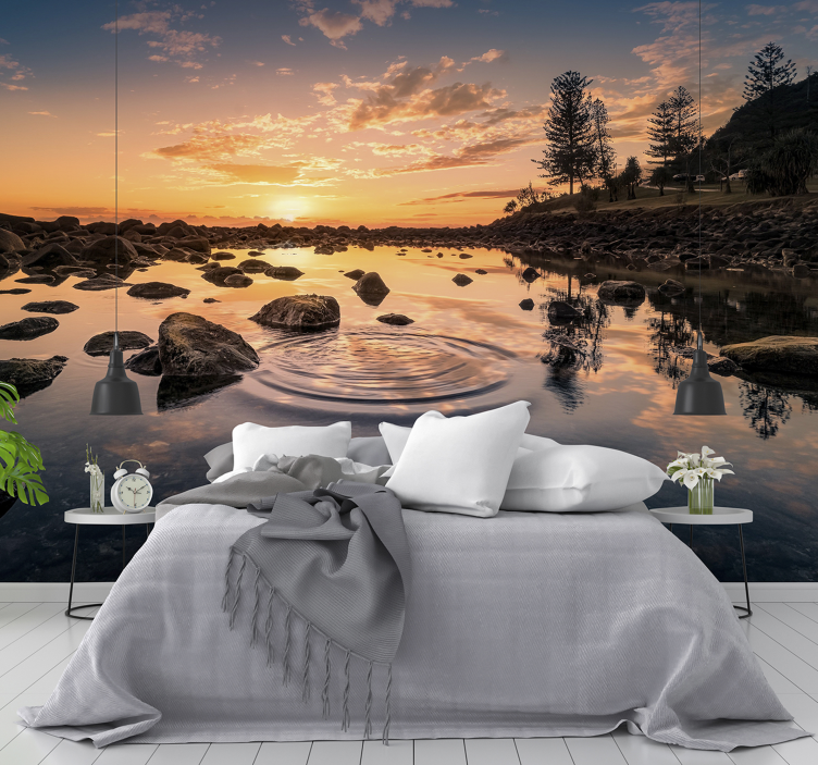 Tapisserie paysage reflets de coucher de soleil serein - TenStickers