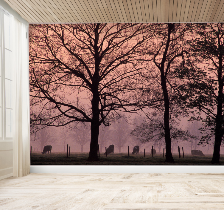Tapisserie paysage scène d'arbres enveloppés de brouillard - TenStickers