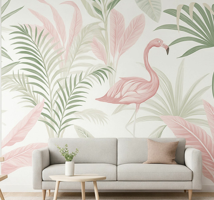 Tapisserie salon oasis tropicale de flamants roses - TenStickers