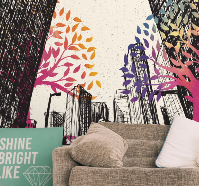 Tapisserie villes et pays skyline urbain avec arbres colorés - TenStickers