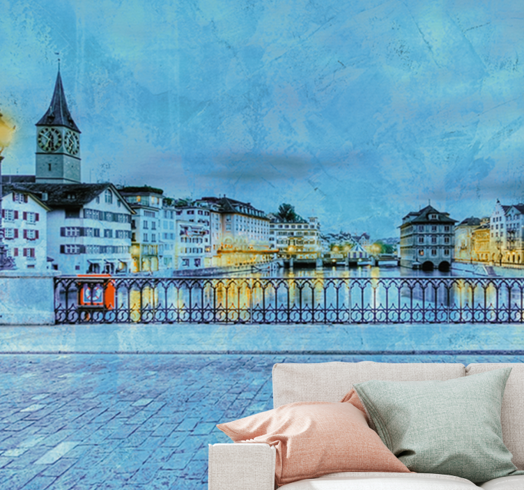 Tapisserie villes et pays vue sur la rivière à zurich - TenStickers