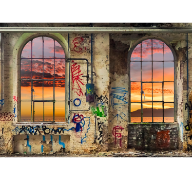 Papier peint 3D fenêtre vue urbaine sur le coucher du soleil - TenStickers