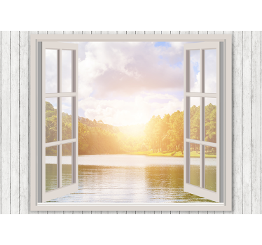 Papier peint panoramique 3D fenêtre avec lumière du soleil et lac - TenStickers