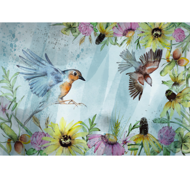 Tapisserie bureaux oiseaux fleuris colorés - TenStickers
