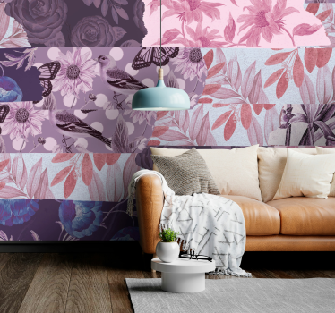Tapisserie murale collage floral tons mauves - TenStickers