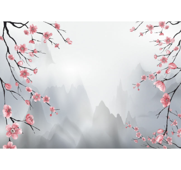 Papier peint salon montagnes et fleurs de cerisier - TenStickers