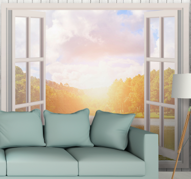 Papier peint panoramique 3D fenêtre avec lumière du soleil et lac - TenStickers