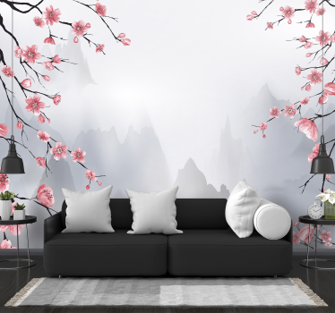 Papier peint salon montagnes et fleurs de cerisier - TenStickers