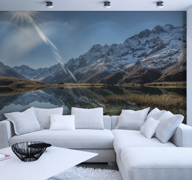 Papier peint montagne lac et rayon de soleil - TenStickers