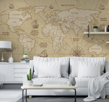 Tapisserie murale rétro carte du monde sépia - TenStickers