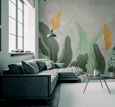 Tapisserie murale salon plantes sur béton - TenStickers