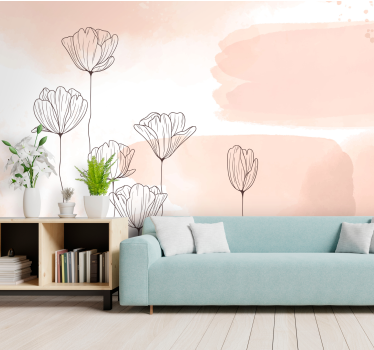 Papier peint salon fleurs lignes noires sur aquarelle - TenStickers