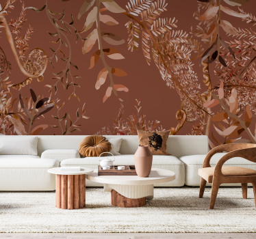 Papier peint salon terracotta branches de feuilles - TenStickers