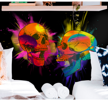 Papier peint panoramique punk love avec deux crânes multicolores - TenStickers