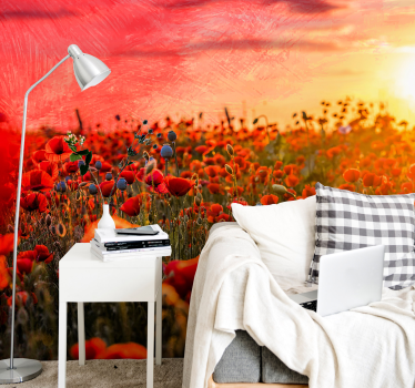 Tapisserie coquelicots coucher de soleil sur champ - TenStickers
