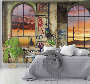 Papier peint 3D fenêtre vue urbaine sur le coucher du soleil - TenStickers