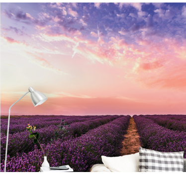 Tapisserie fleur coucher de soleil sur un champ de lavande - TenStickers