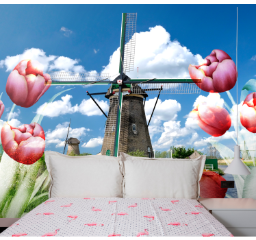 Tapisserie fleur tulipes et moulin à vent - TenStickers