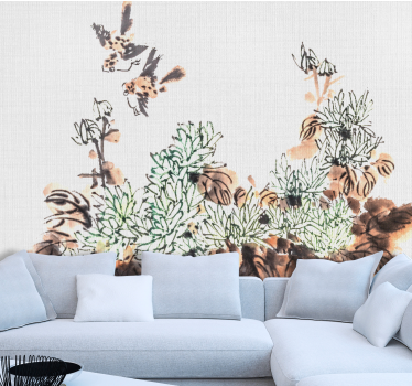 Tapisserie salon oiseaux parmi le feuillage - TenStickers