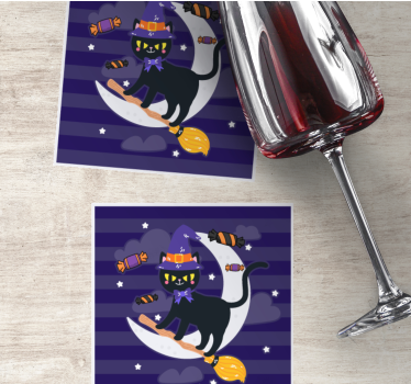 Dessous de verre halloween chat sorcière sur balai - TenStickers