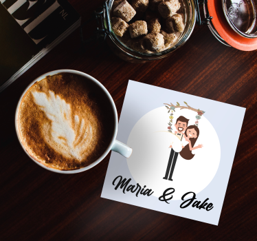 Dessous de verre mariage Prénoms Fiancés sur balançoire en bois - TenStickers