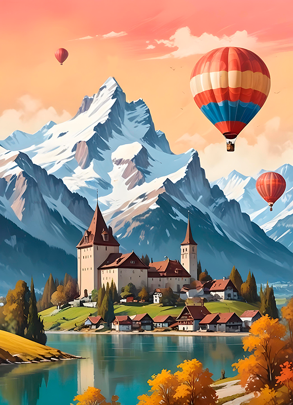 Poster paysage ville chateau d'oex - TenStickers