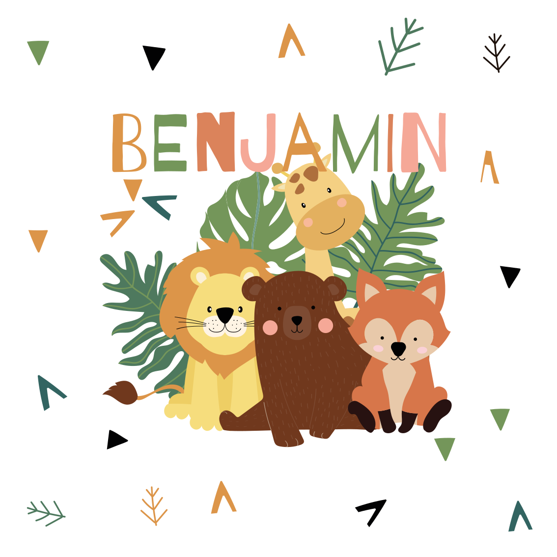 Affiche chambre enfant animaux sauvages mignons avec feuilles - TenStickers