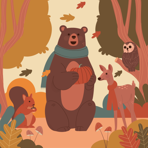 Affiche chambre enfant animaux heureux en forêt d'automne - TenStickers